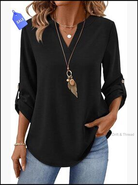 3/4 Sleeve V-Neck Button Blouse Loose Fit Business Casual Top